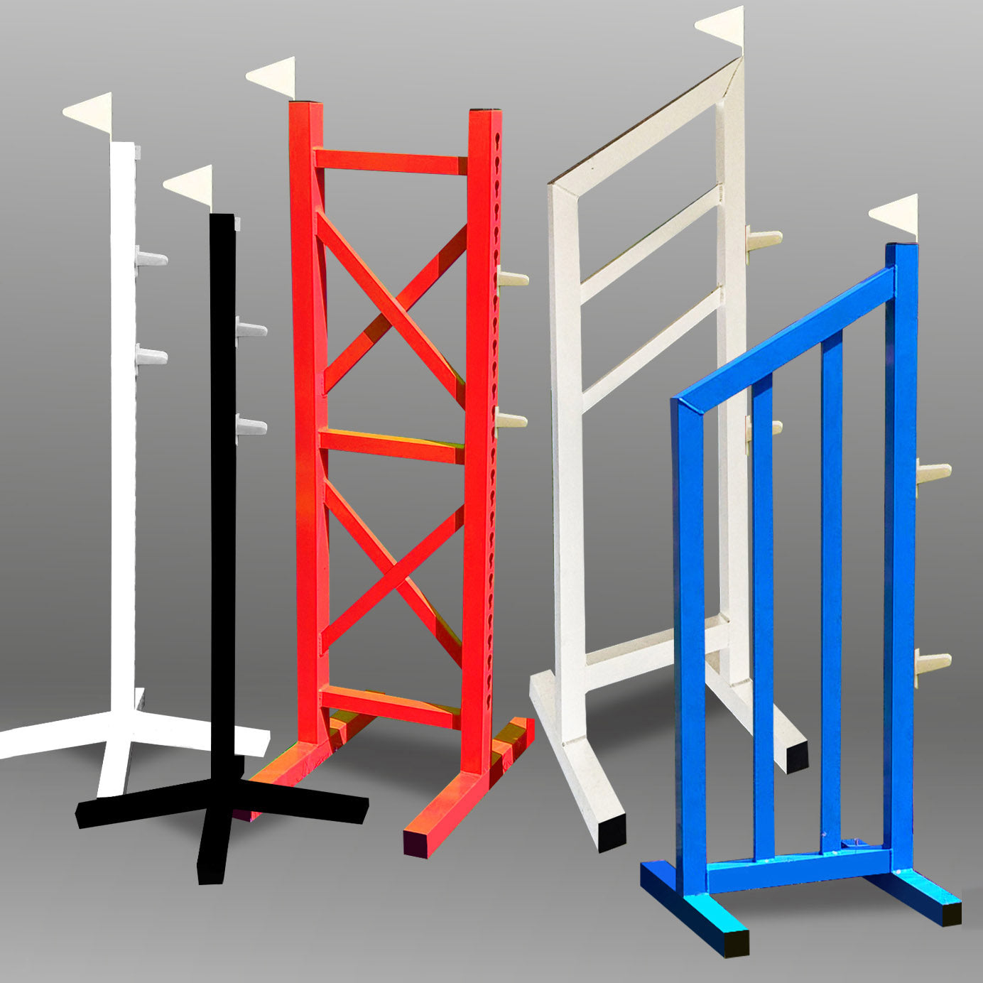 One Alu Single Stand in Red, one in Blue, One Alu double standard in Black, one in White