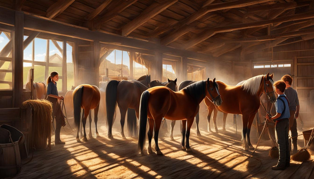 Horses and kids in a barn