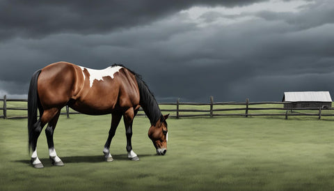 a horse eating gras on a wide paddock