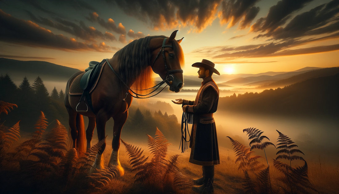 A horse and a man standing at a sunset in the wilderness