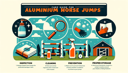 Infographic about cleaning aluminium horse jumps with pictures of cleaning shampoo bottle, a glove, cleaning wipes, aluminium horse jumps and a stable in the background. 