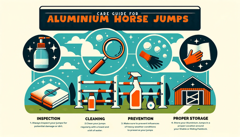 Infographic about cleaning aluminium horse jumps with pictures of cleaning shampoo bottle, a glove, cleaning wipes, aluminium horse jumps and a stable in the background. 