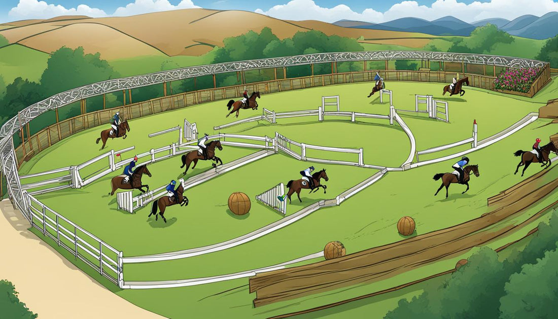 A visually stunning comic of a show jumping course with many riders on it