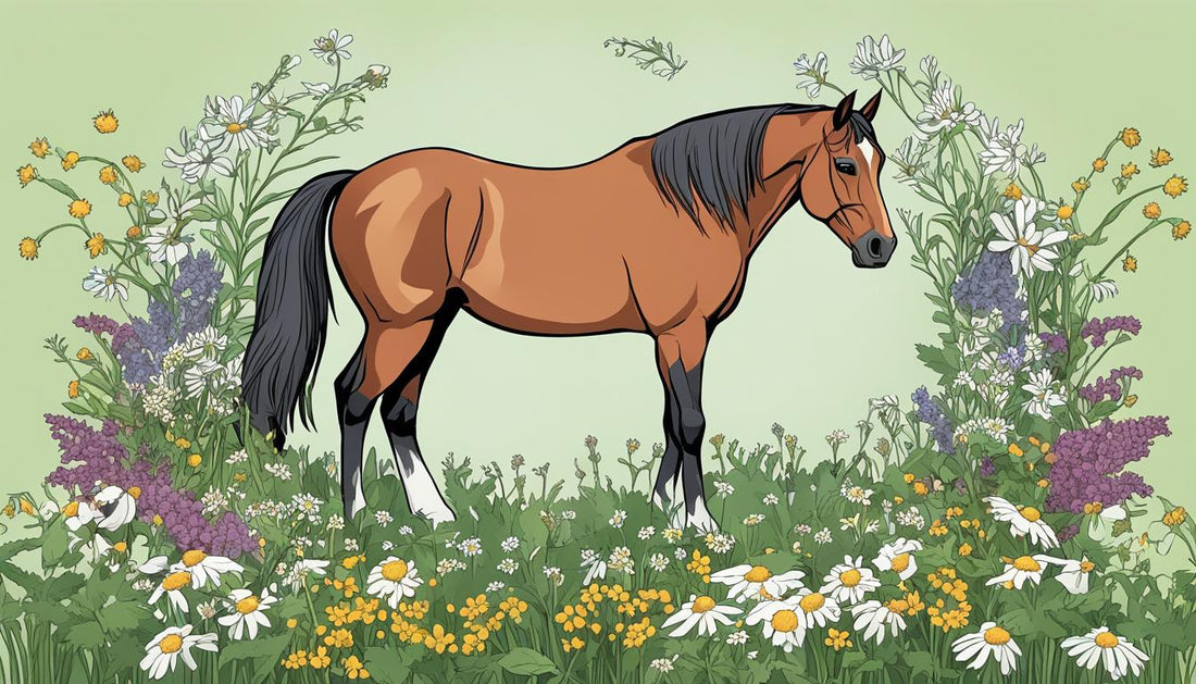 a horse in the middle of many herbs and flowers