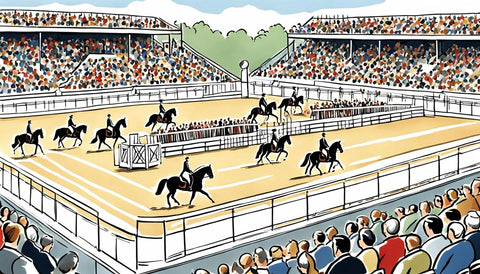 Arena with spectators and various riders doing dressage