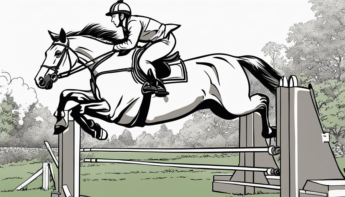 black and white cartoon of a rider and horse jumping over obstacle