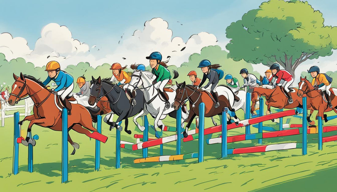 drawing of many kids on horses jumping obstacles