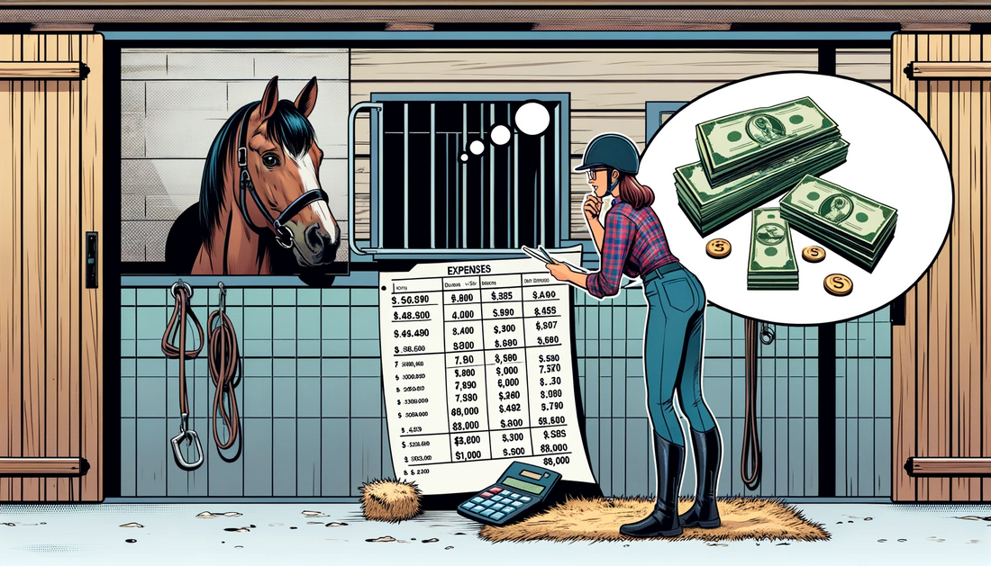 Image showing a horse in a stable and the owner calculating expenses of keeping the horse