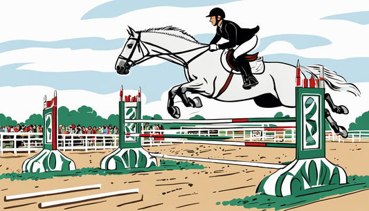 Cartoon of man and horse jumping over horse jump