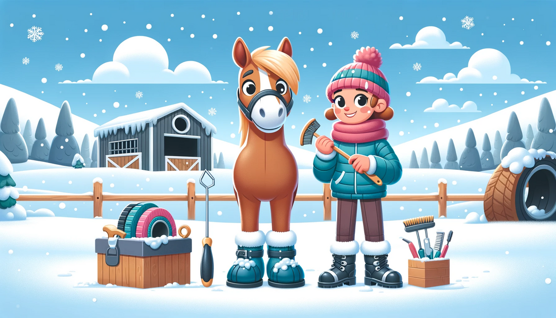 A girl with a horse in the winter in cartoon style.