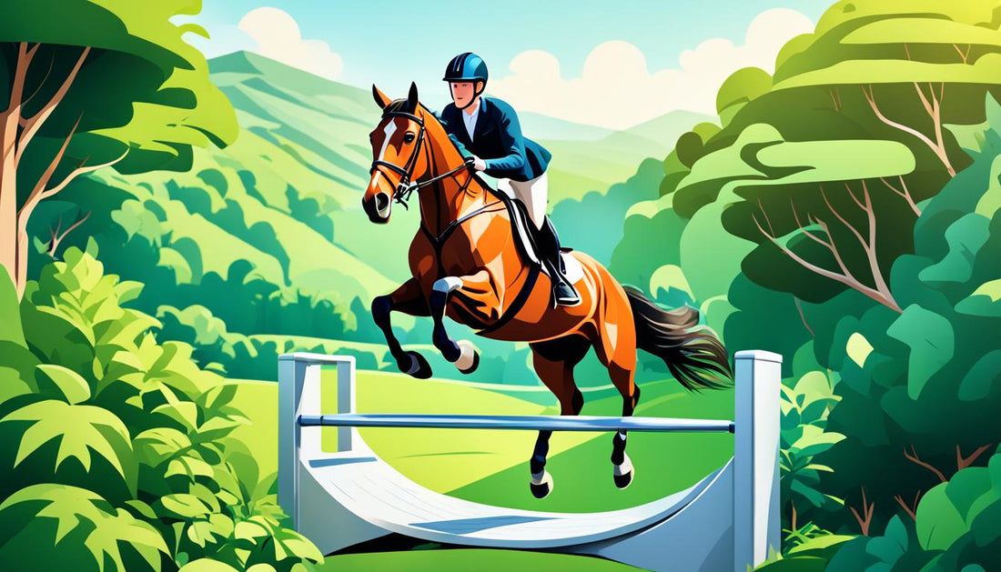 rider and horse jump over show jump in nice nature scenery