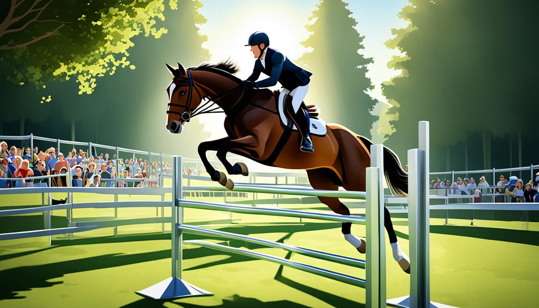 horse and rider jumping over alu show jump