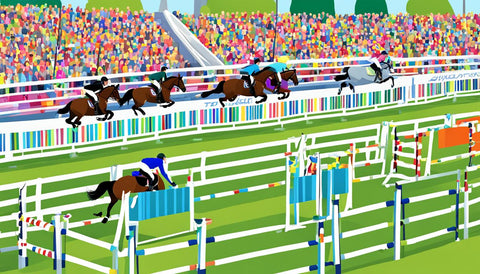 many horseriders on a track in an arena