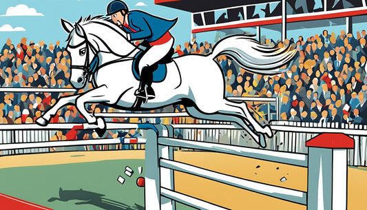 rider with white horse at a tournament jumping over an obstacle