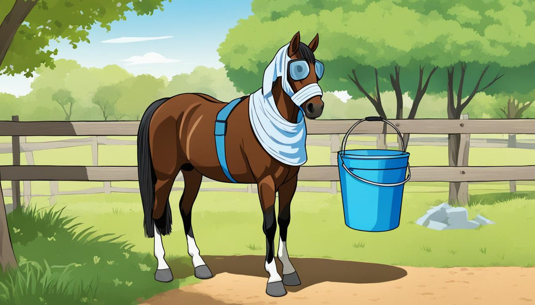 cartoon image of a horse with cooling pads and a bucket of water
