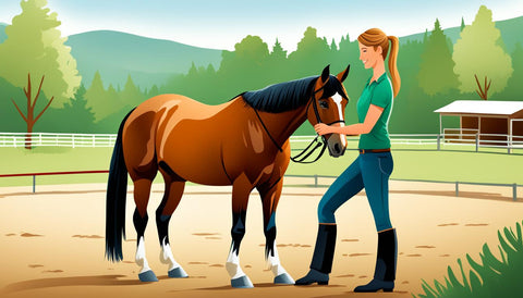 Horse and woman caring for it on a farm