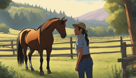 a woman and a horse on an open gras paddock 