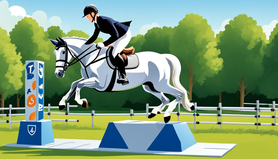 horse and rider jumping over alu jumps