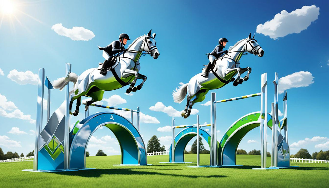 2 riders on horse jumping over funny obstacles