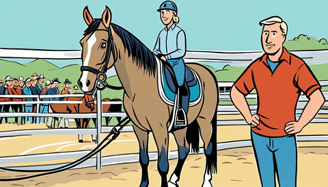 girl on a horse with man standing next to her on paddock