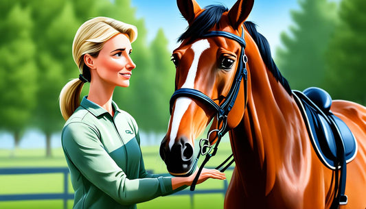 woman with green shirt and horse with saddle