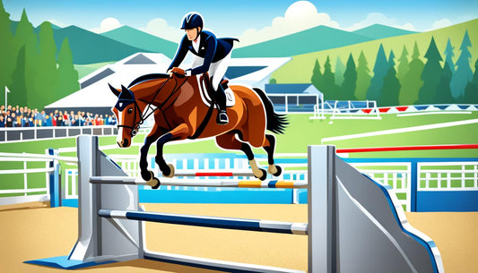 horse and rider jumping over obstacle