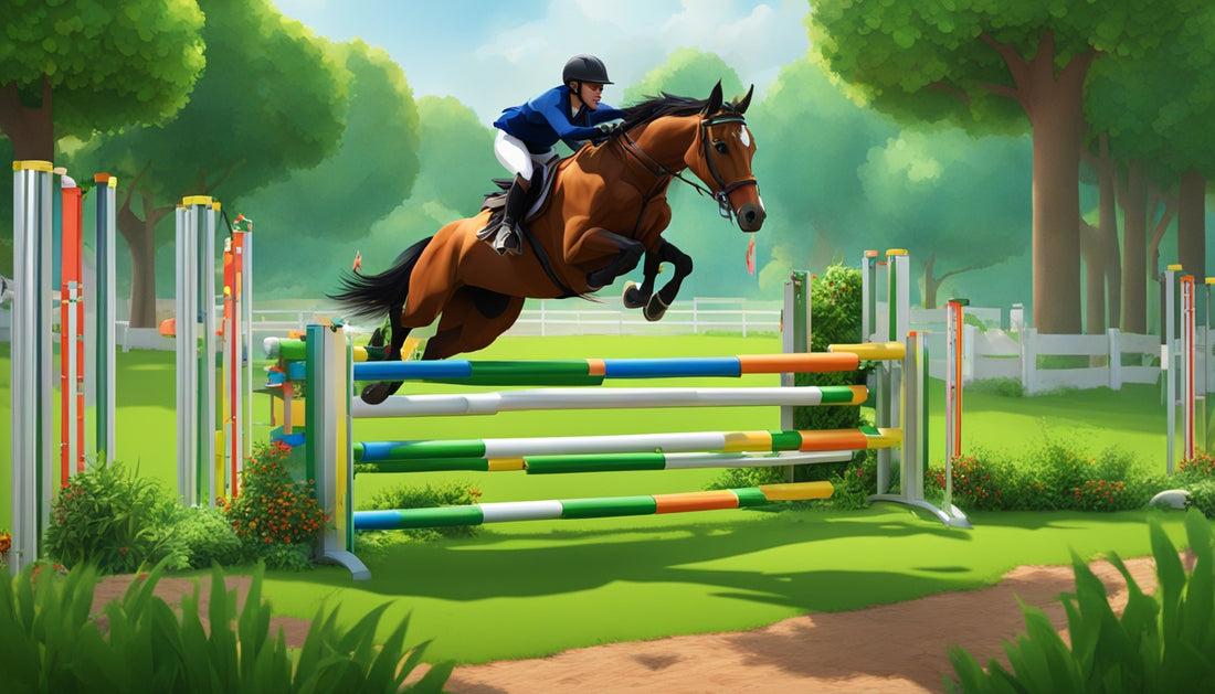 rider and horse jumping over obstacle