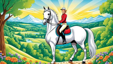 a happy horse and rider in front of a forest with the sun in the background