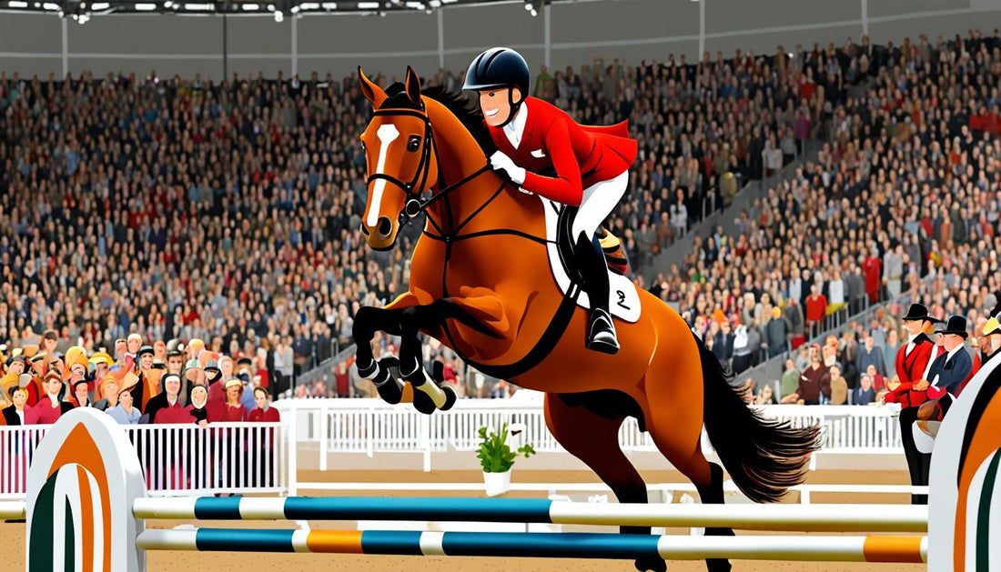 guy jumping with horse ina  giant arena