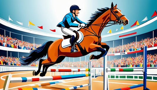 rider on horse jumping over obstacle in big arena