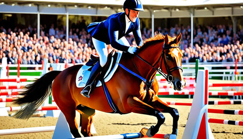 rider on horse jumping over showjumping obstacles