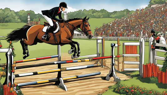 Showjumper with his horse on a tournament jumping over obstacles