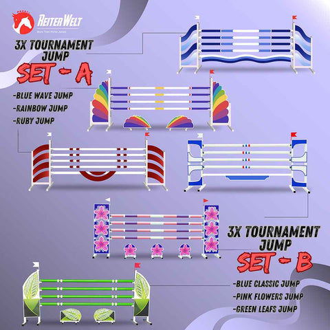Purple Flowers patterns show jump oxer with 3 fillers and poles on an outside sand paddock for show jumping