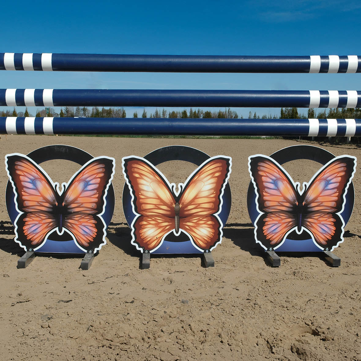 Butterfly-shaped fillers on stands with a blue and white striped barrier in the background.